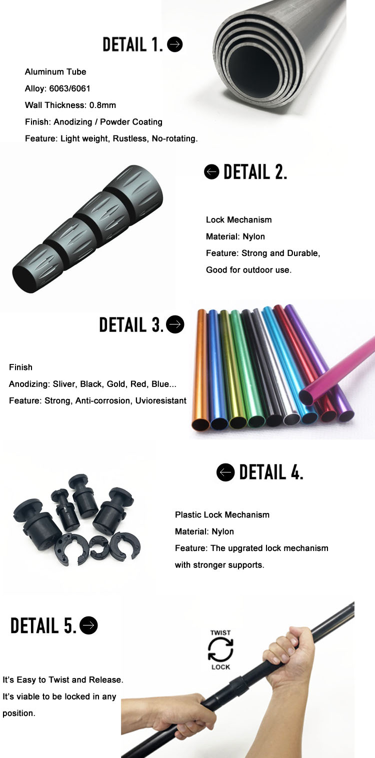 Twist lock aluminum telescopic tube with small rod in the end for tents